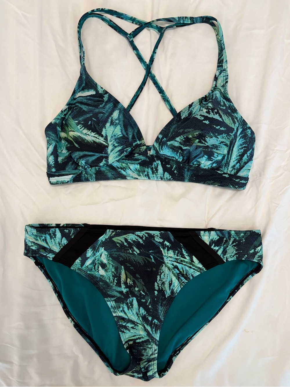 Athleta Nepali Green/black Palm Leaf Bikini Sz M/L top M bottom L